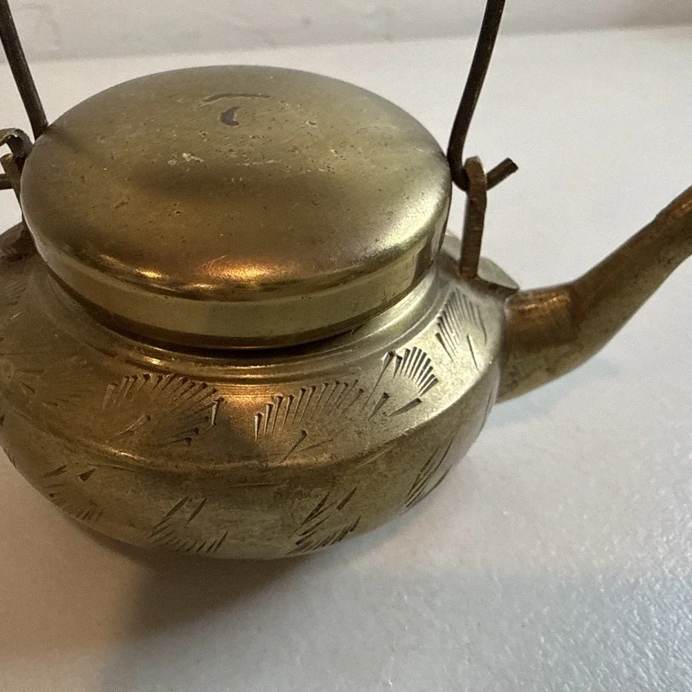 Vintage Miniature Brass Teapot Etched Wood Handle Dollhouse Collectible India